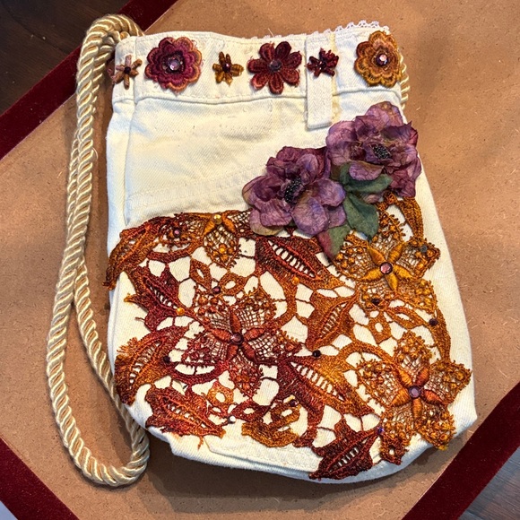 Handmade Handbags - Handmade by Sivia Embroidered Floral and Lace on upcycled denim Shoulder Bag